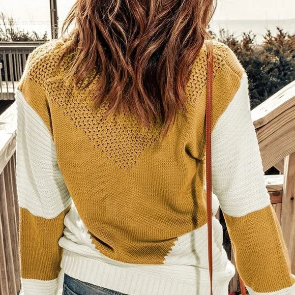 Yellow Casual Womens Two Tone Drop Shoulder Pointelle Knit Sweater - Picture 2 of 5